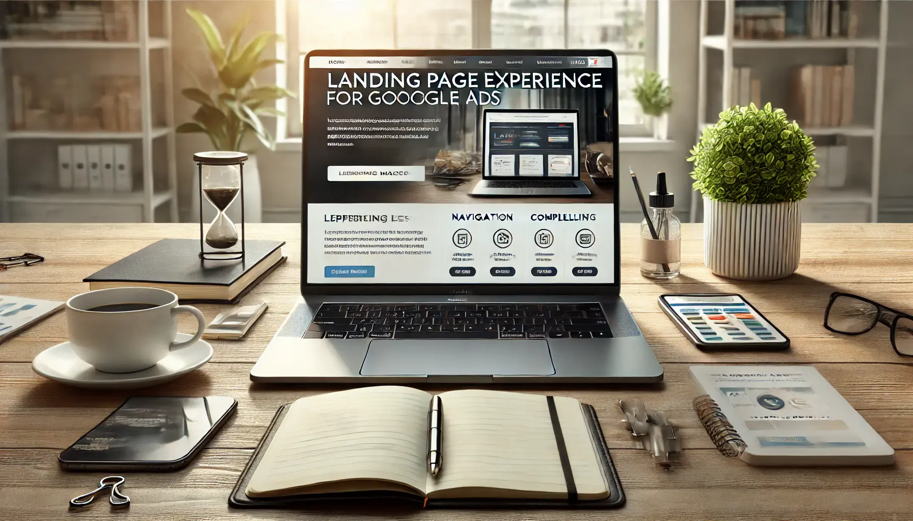 A laptop displaying a well-designed landing page with clear navigation, compelling visuals, and a call-to-action button, surrounded by a notebook, smartphone, pen, and coffee cup on a modern desk.