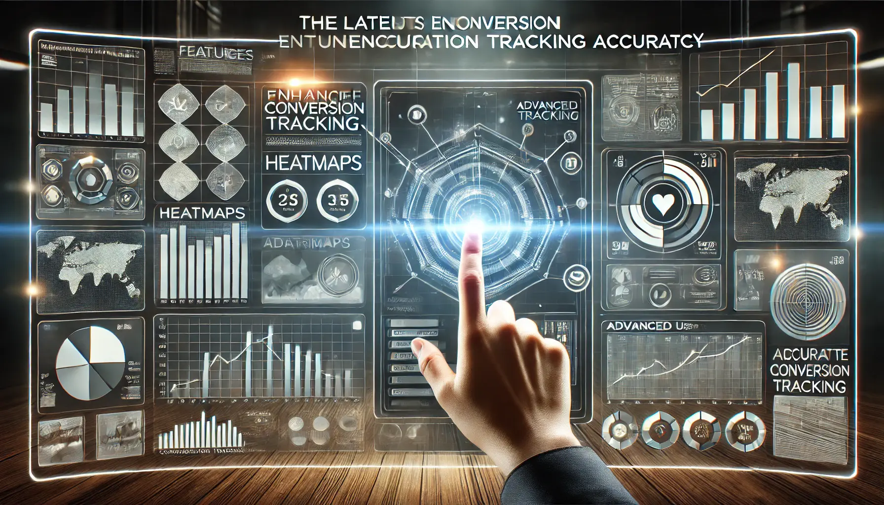 An image of a modern digital interface displaying sophisticated data visualizations like heatmaps, graphs, and pie charts, illustrating advanced features in conversion tracking.