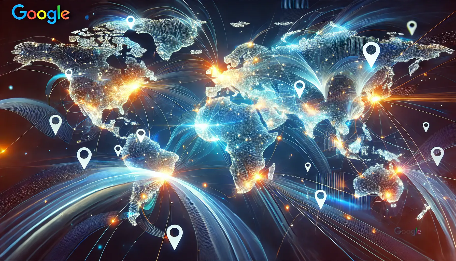 A global map with glowing connections representing the worldwide availability of Google's Ad Transparency Center.