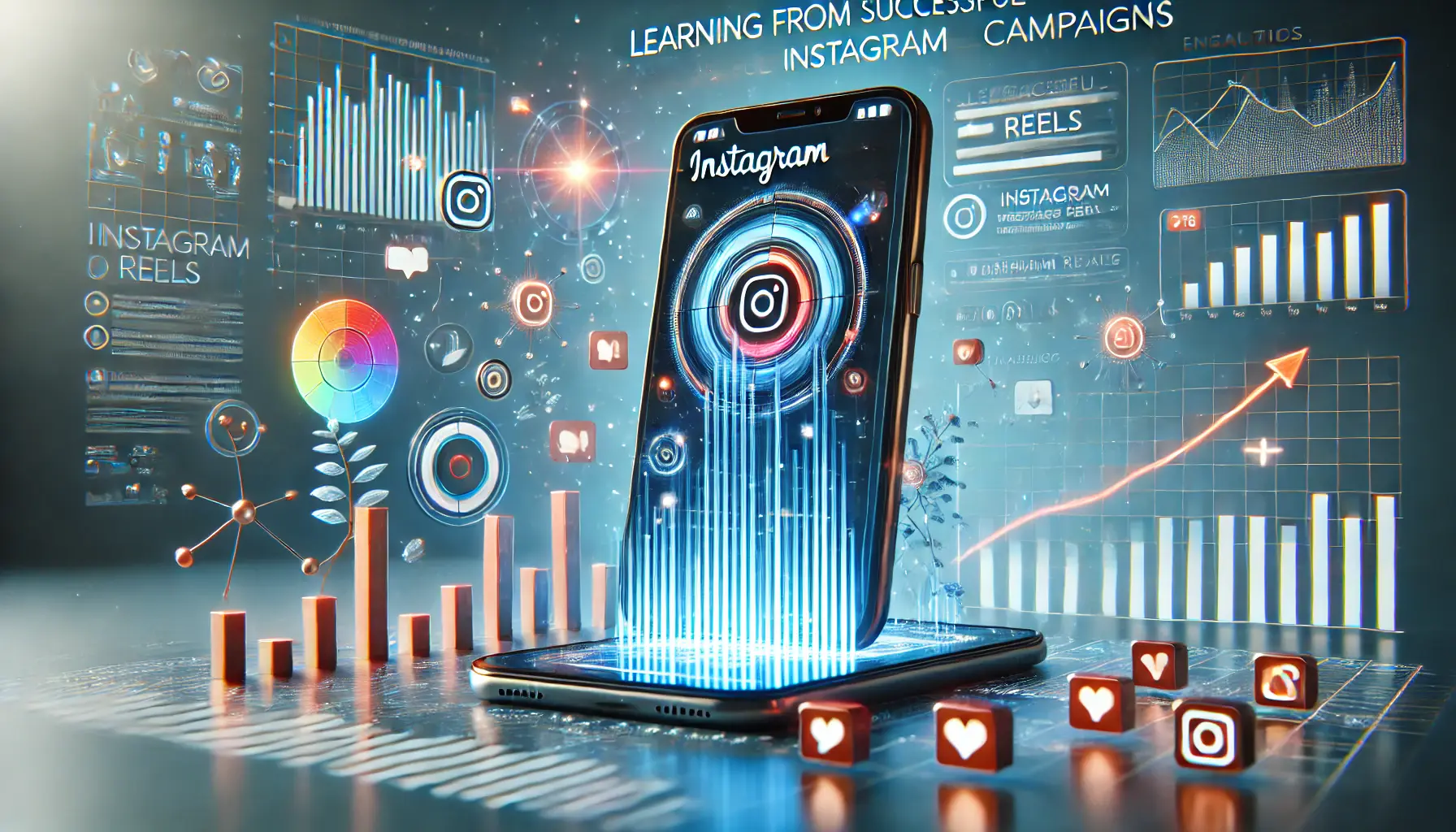 An image showing a smartphone displaying a successful Instagram Reel, surrounded by glowing icons for engagement and positive growth indicators.