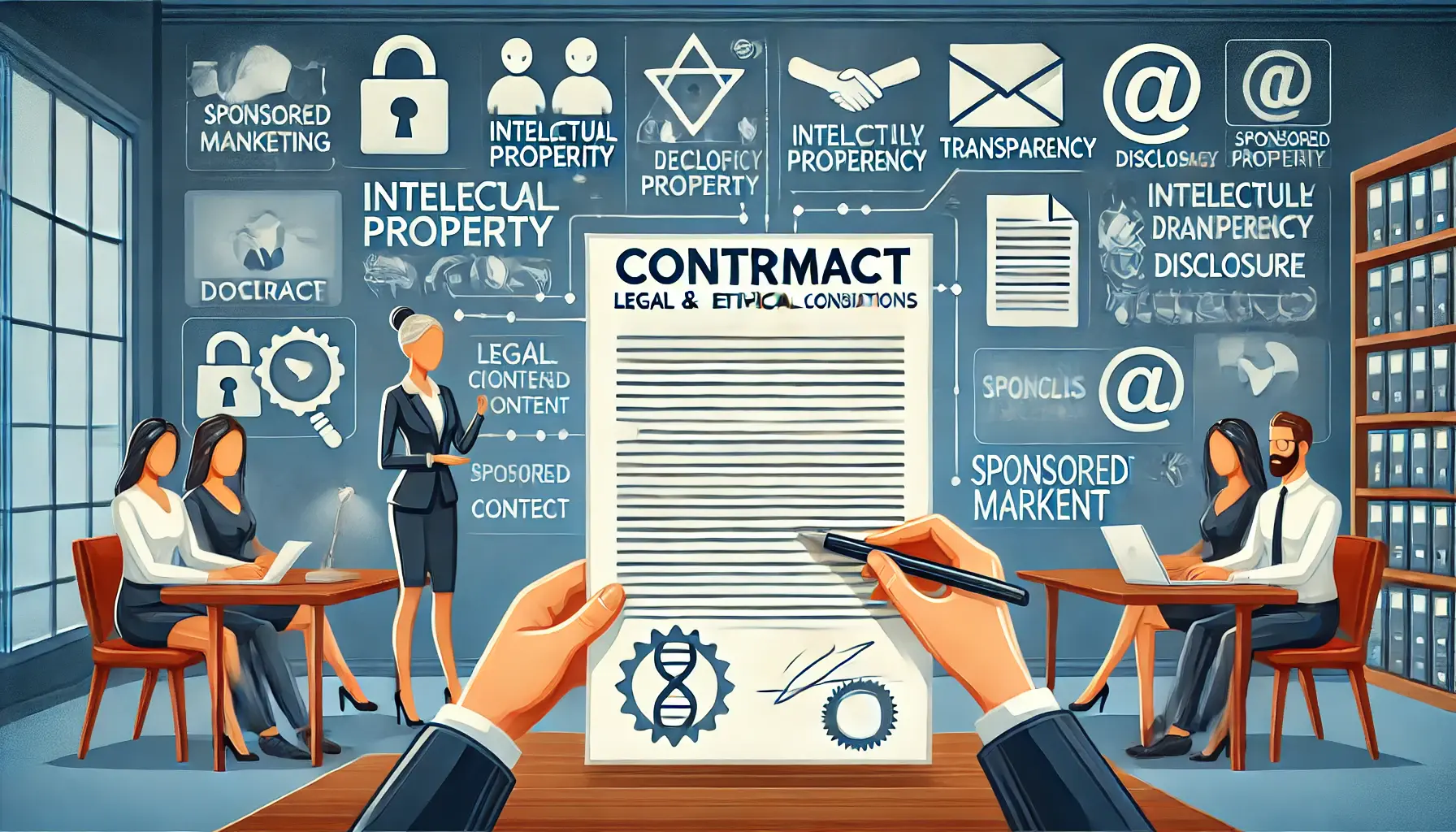 An illustration showing a content creator reviewing a contract with a legal advisor, with icons representing intellectual property, transparency, and disclosure in the background.