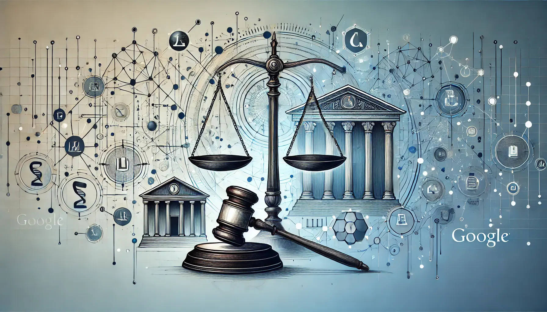 An abstract illustration featuring a scale of justice, gavel, legal documents, and a courthouse, symbolizing legal aspects of Google's Ad Trademarks Policy.