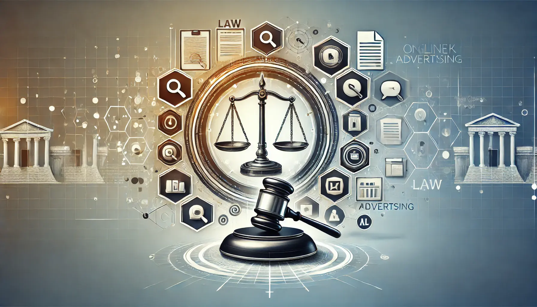 An abstract illustration featuring a balance scale, gavel, and digital ad interface, symbolizing the legal framework for trademark use in online advertising.