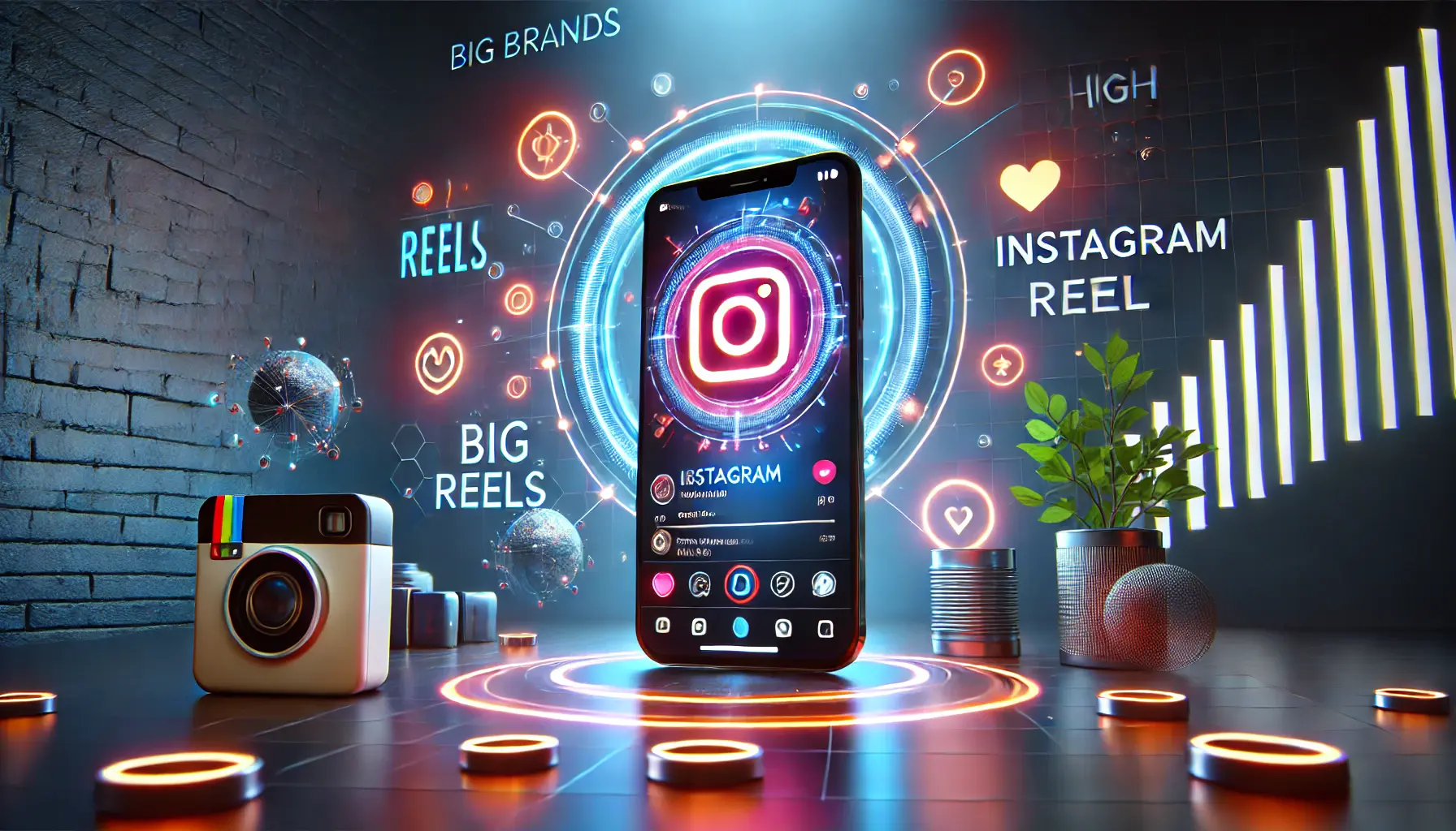 An image showing a smartphone displaying a high-quality Instagram Reel created by a big brand, surrounded by engagement and success indicators.