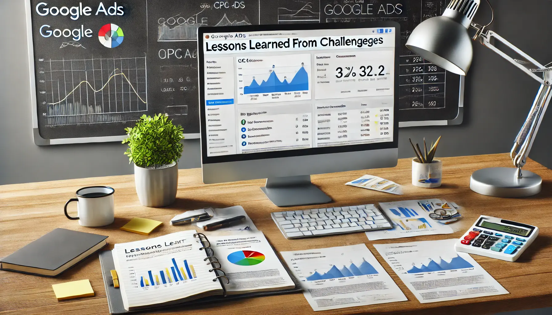 A workspace featuring a computer with a low-performing Google Ads dashboard, analysis documents with improvement graphs, and a notebook with strategy notes.