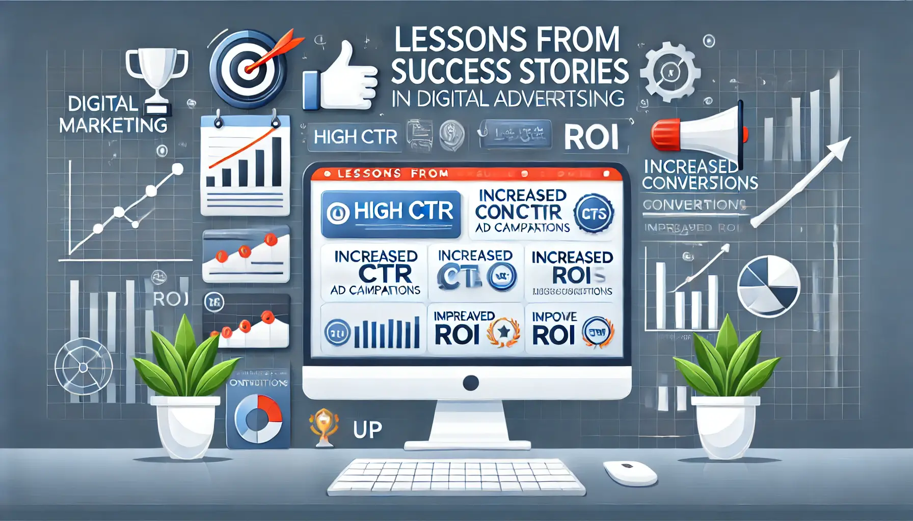 An illustration showing lessons from successful digital advertising campaigns with key metrics like high CTR, increased conversions, and ROI, surrounded by success icons.