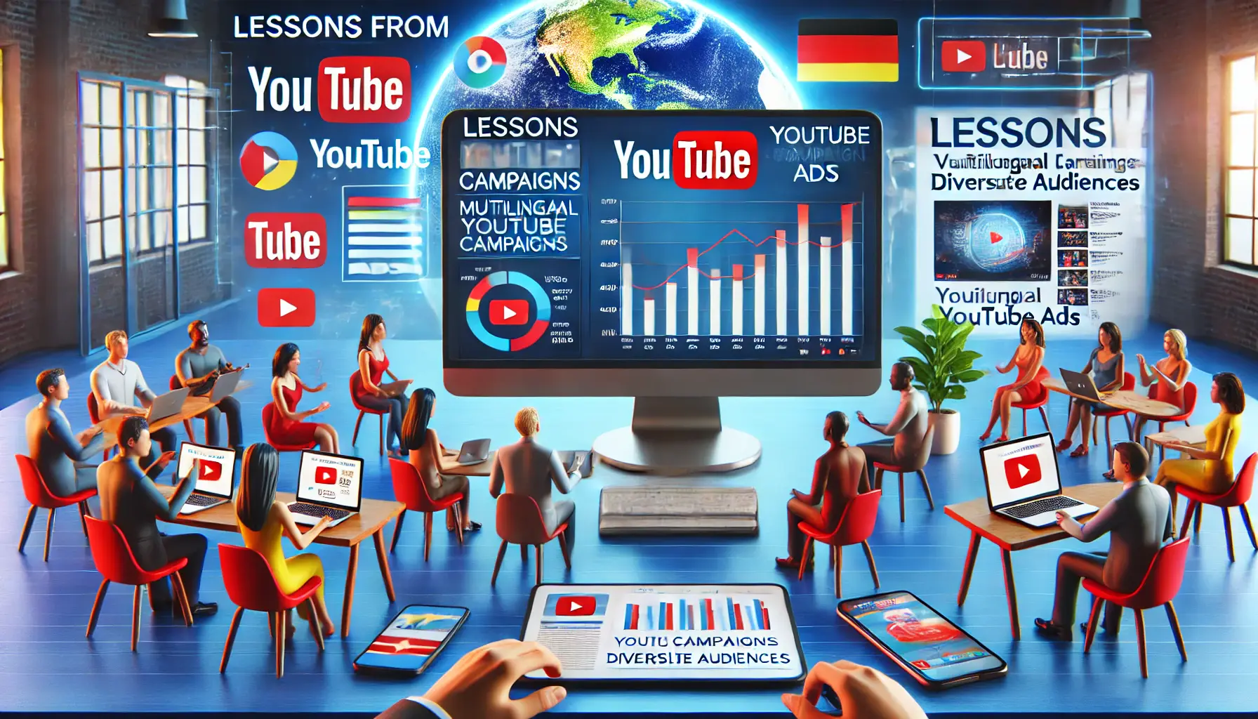 Workspace with a computer displaying YouTube analytics and devices showing multilingual ads.