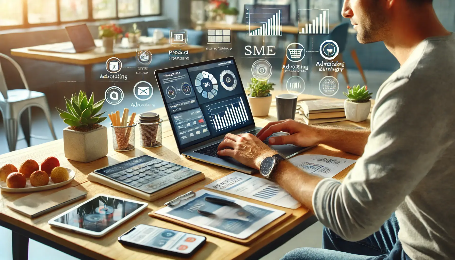 A small business owner working at a desk with a laptop, displaying an e-commerce dashboard and product visuals.