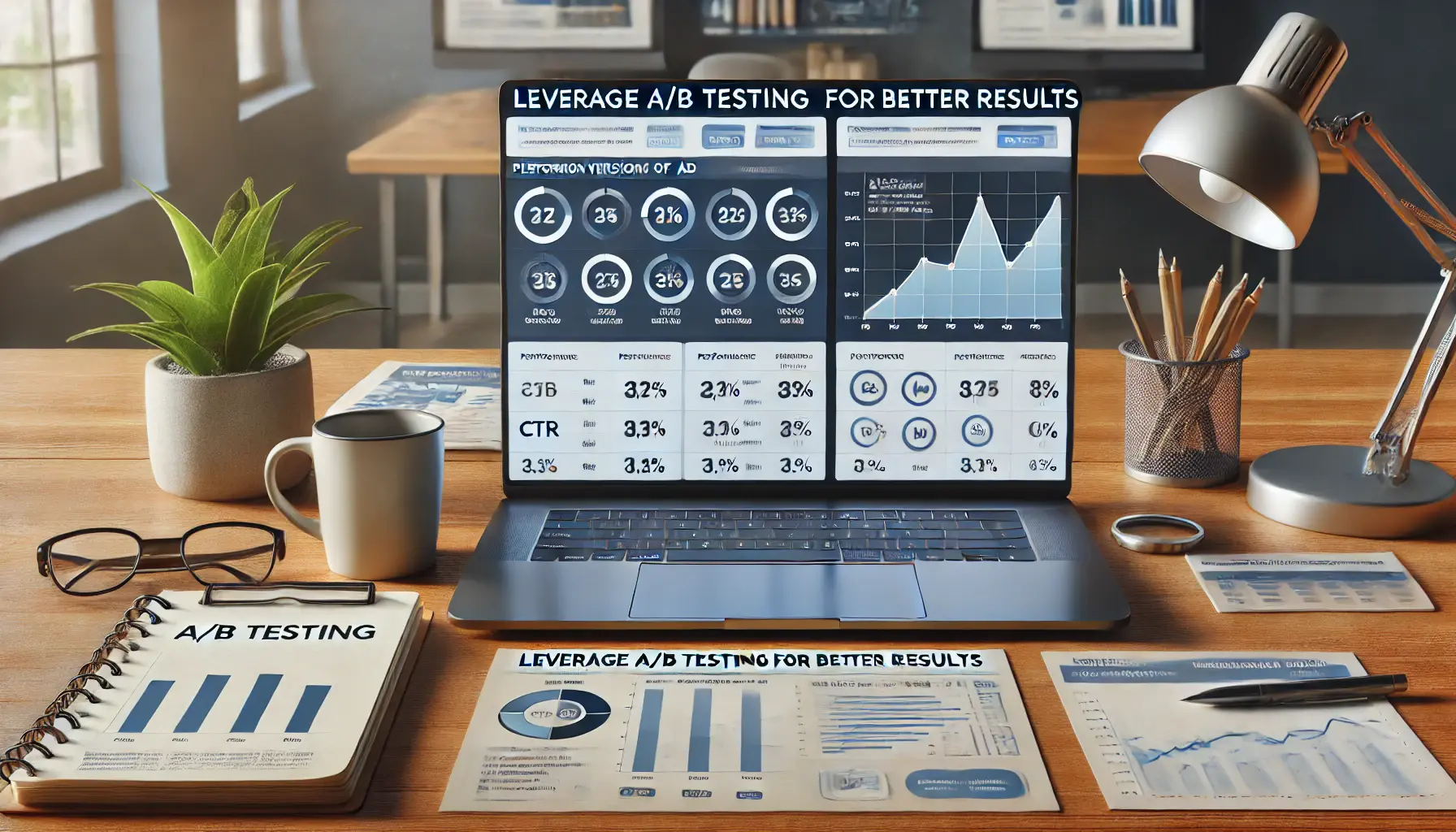 A workspace with a laptop showing two versions of an ad and performance metrics for each variation, emphasizing the process of A/B testing for ad optimization.