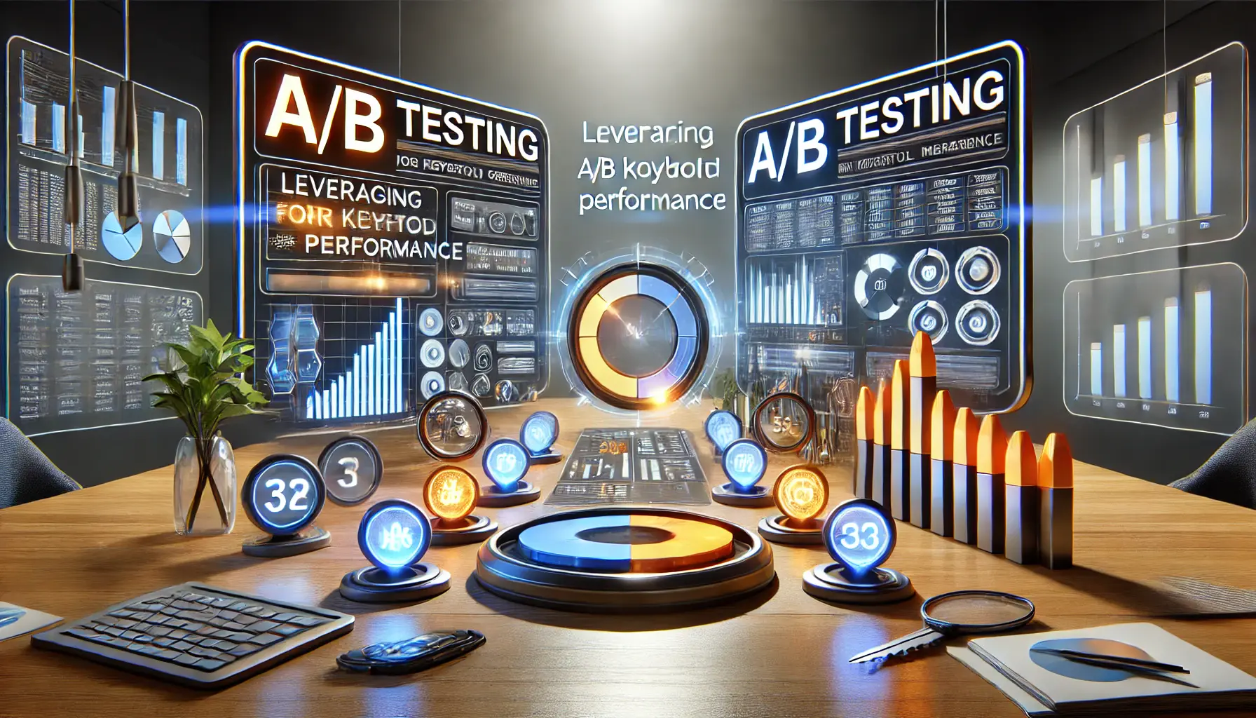 Illustration of A/B testing with side-by-side dashboards comparing performance metrics and highlighted differences in a futuristic workspace.