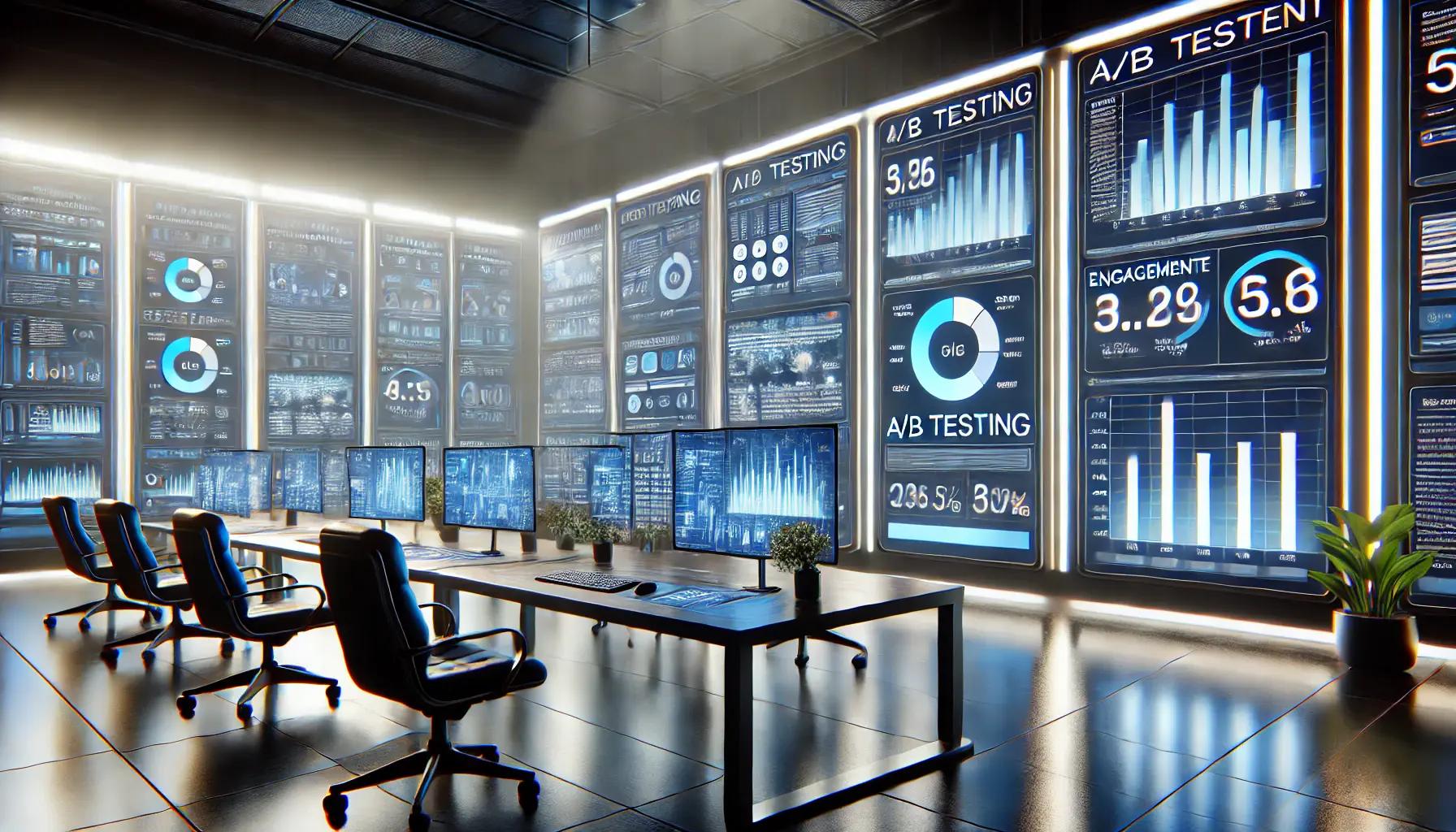 A high-tech digital workspace showcasing A/B testing tools with side-by-side comparisons of content variations, displaying performance metrics such as engagement rates and click-through rates.