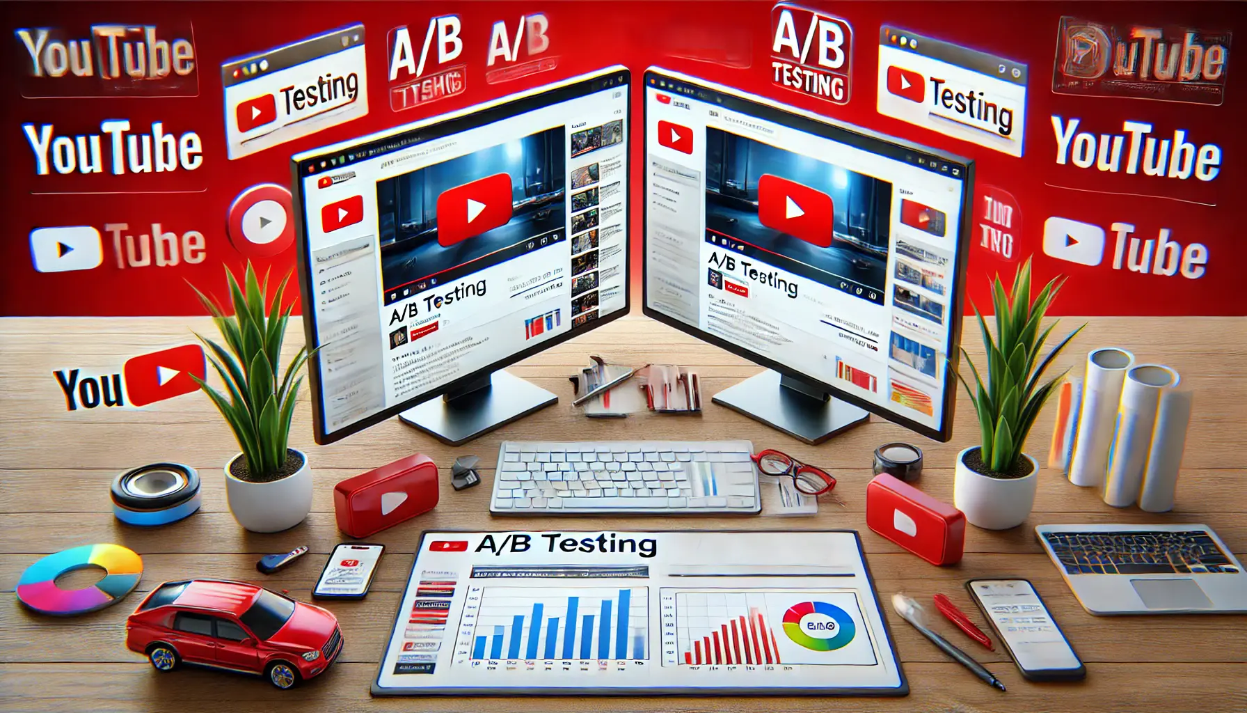 An illustration of a digital workspace showing two versions of a YouTube ad being tested side by side, with comparison charts and a split screen.