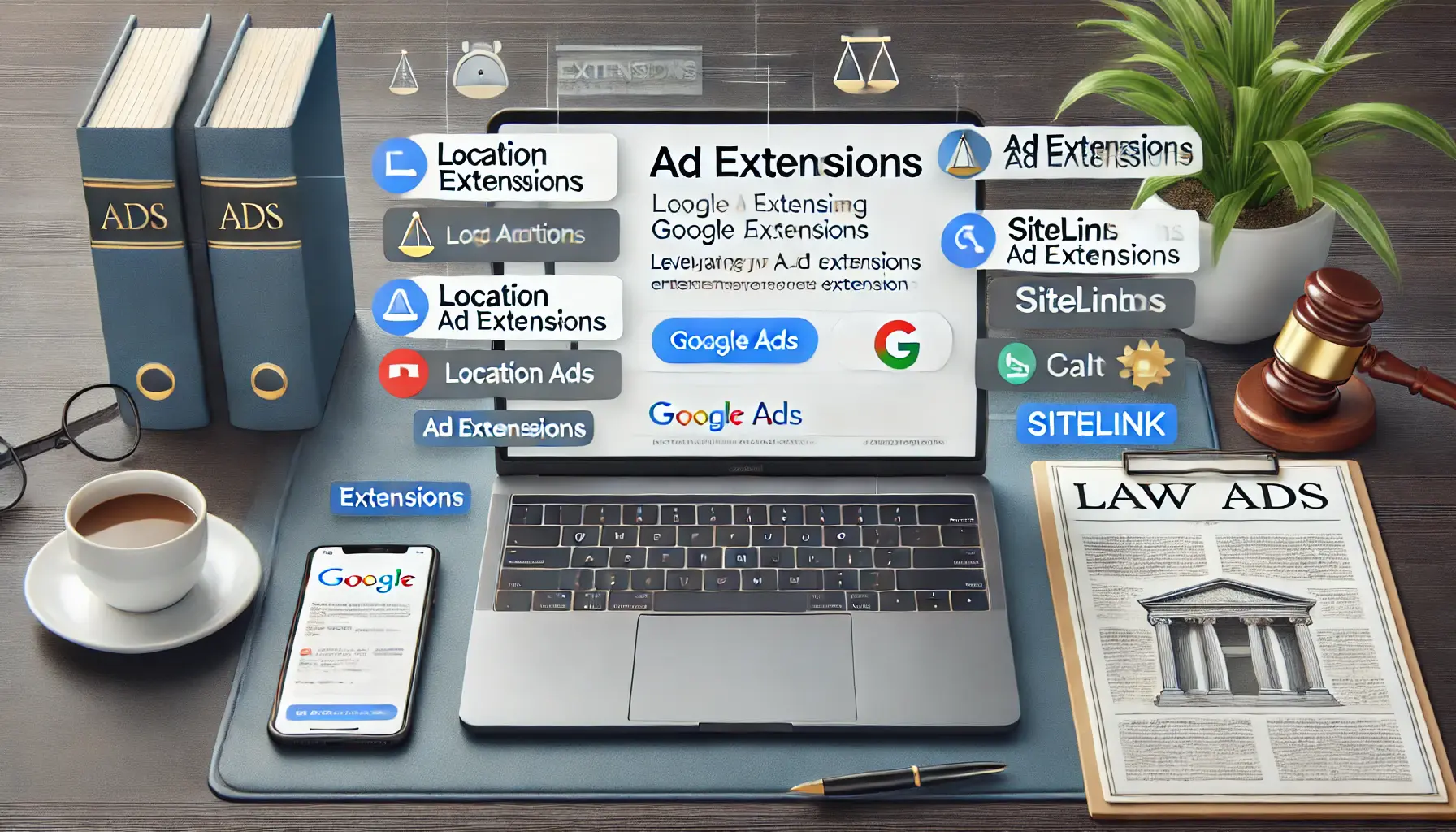 A modern office desk with a laptop displaying Google Ads with location, call, and sitelink extensions, enhancing ad visibility, with legal documents and a coffee cup nearby.