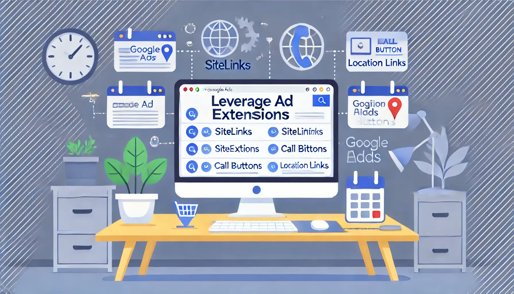 A computer screen displaying a Google Ads campaign with ad extensions like sitelinks, call buttons, and location links, surrounded by symbols like a map pin and phone icon in a modern workspace.