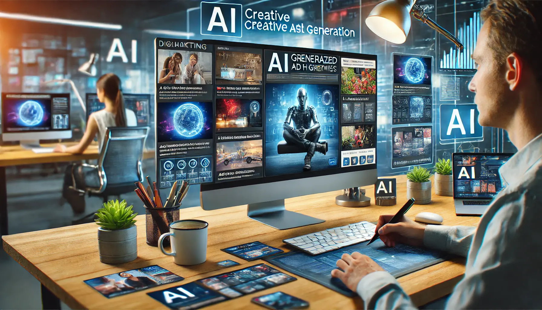 A digital marketing workspace displaying AI-generated ad creatives, including images, videos, and banners.