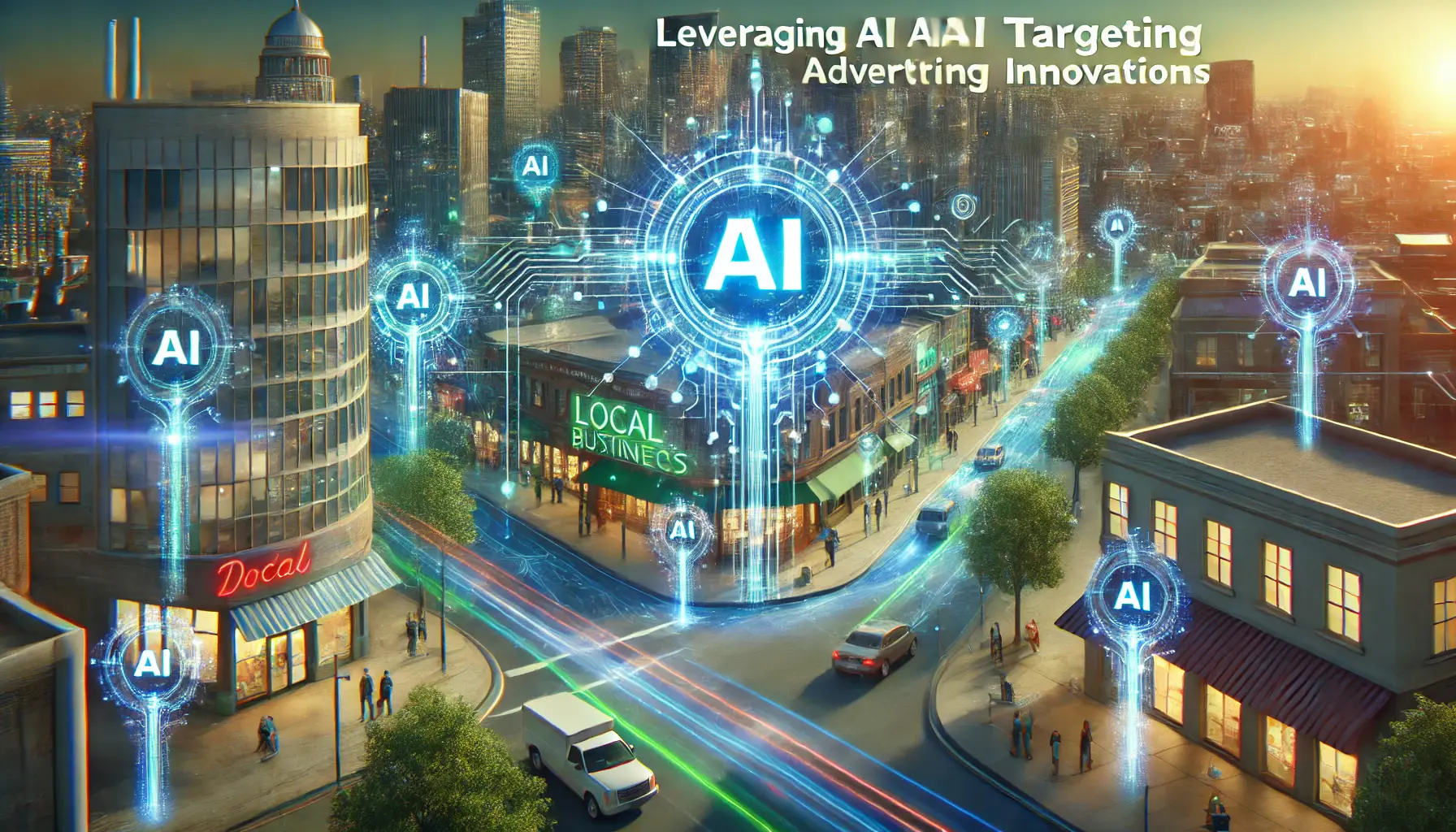 A vibrant cityscape with futuristic AI elements integrated into local advertising, featuring glowing neural network patterns and data streams.