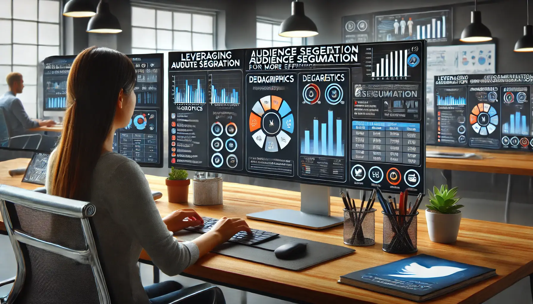 A digital marketing professional analyzing audience segmentation and targeting strategies on a computer screen, with data visualizations of demographics, interests, and behaviors in a modern office.