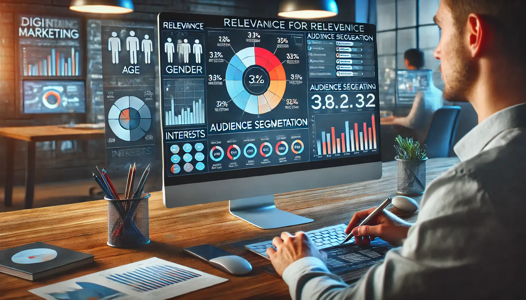 Image showing a marketer analyzing segmented audience data on a computer screen, with charts, graphs, and demographic categories like age, gender, and interests.