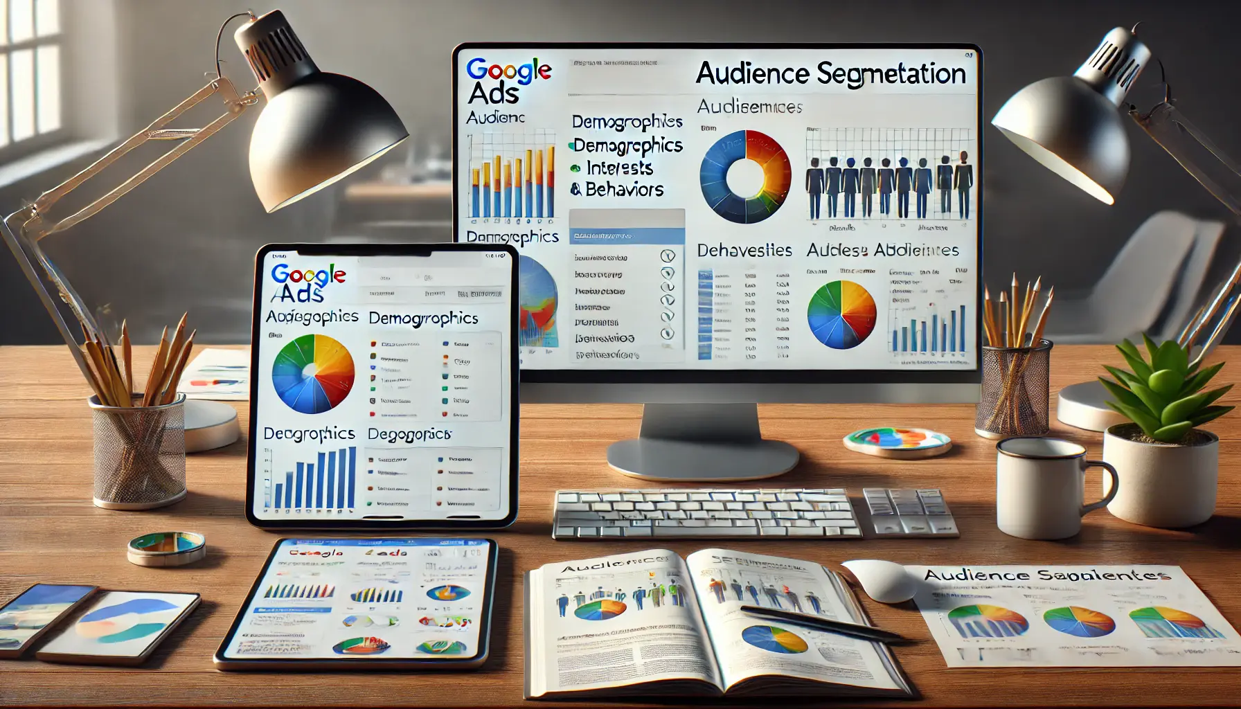 A workspace featuring a computer with Google Ads audience settings, a tablet showing segmented audience pie charts, and documents on segmentation strategies.