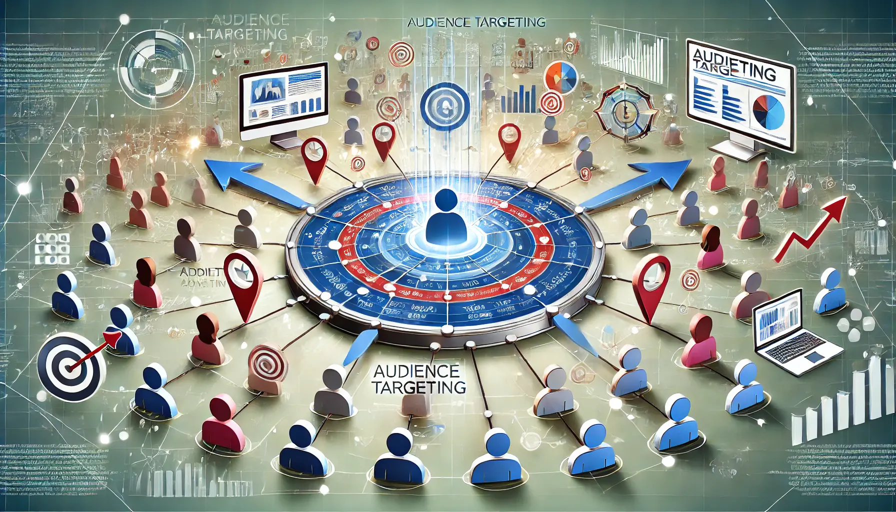 Illustration depicting audience targeting and segmentation with user data and segmented groups.