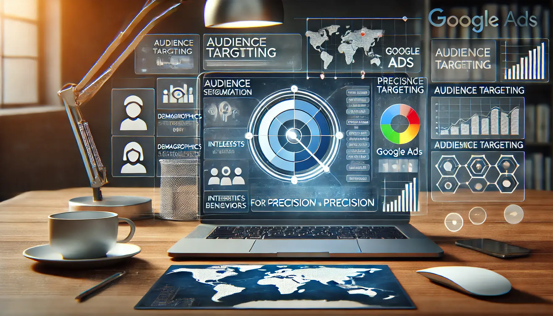 A digital interface showing audience segmentation tools with demographics, interests, behaviors, and a map with highlighted regions for targeting.