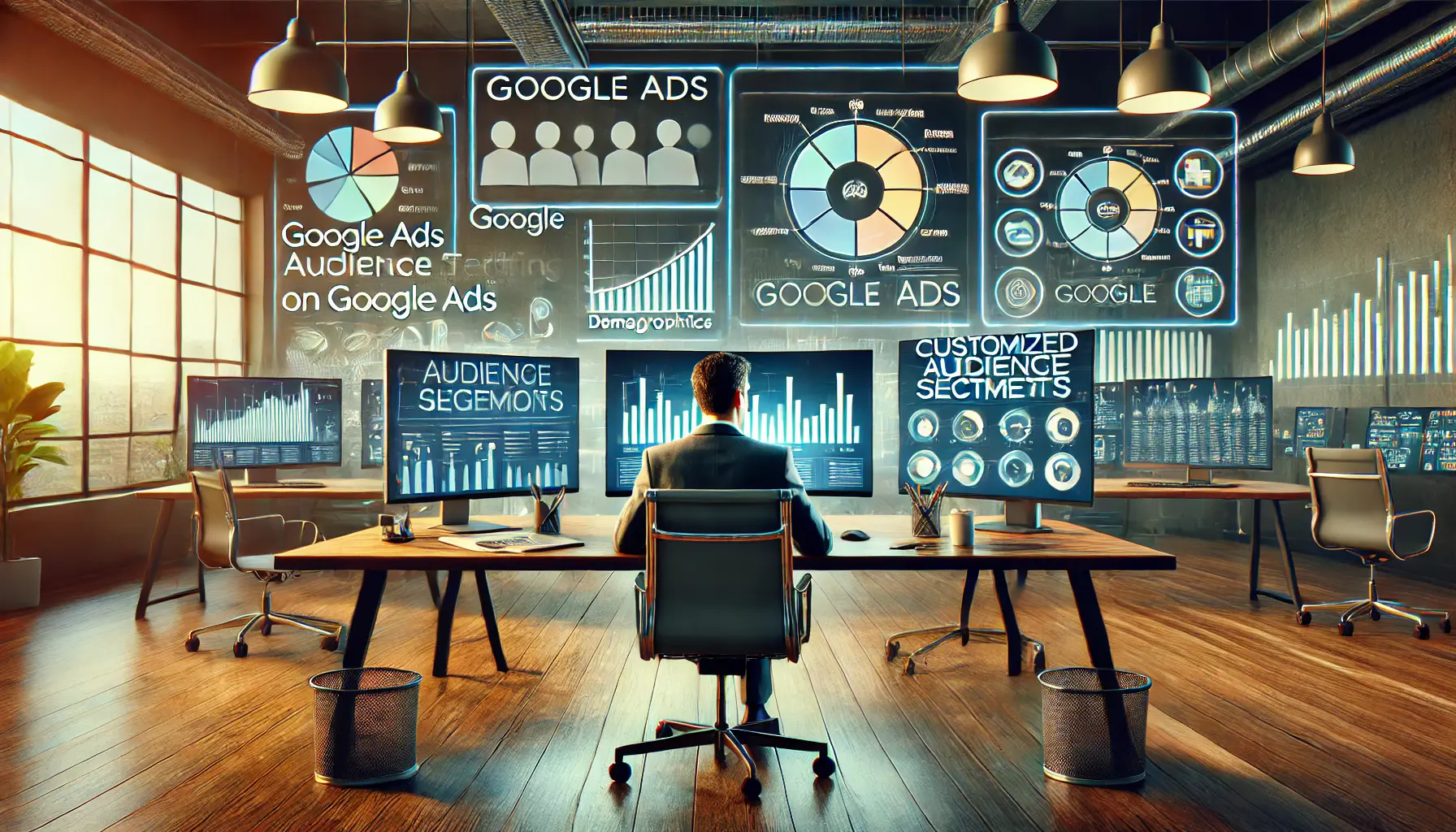 A modern workspace with screens displaying audience segmentation and targeting tools in Google Ads.