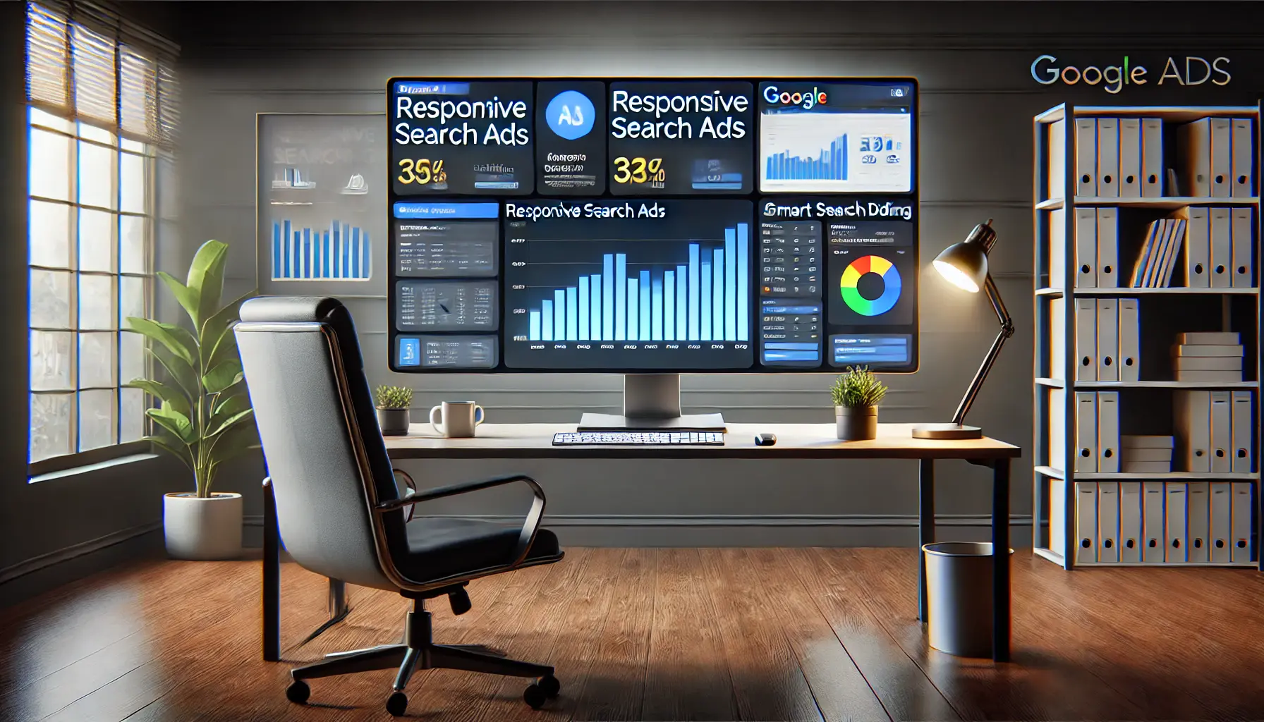 A digital marketer in a modern workspace using Google Ads automation tools, with a monitor displaying responsive search ads and Smart Bidding configurations.