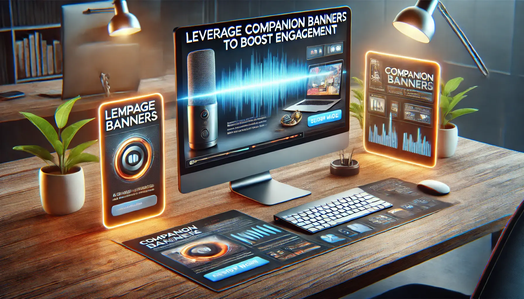 A digital illustration of a desktop computer displaying an audio ad with a companion banner featuring a call-to-action button and product image to enhance engagement.