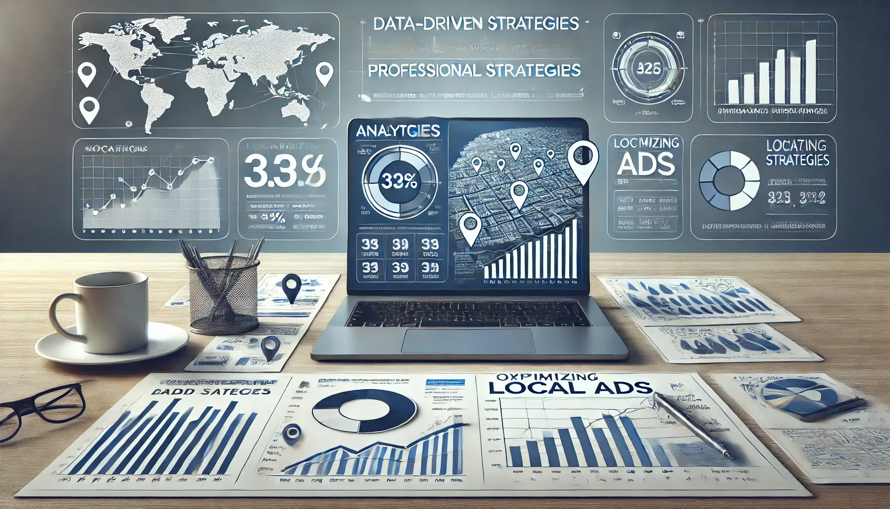 A workspace with a laptop displaying analytics dashboards, graphs, and pie charts, alongside a map with location markers representing data-driven local ad strategies.