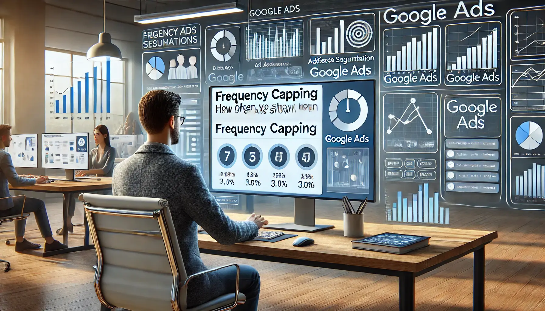 A digital marketer using Google Ads on a computer, displaying frequency capping and audience segmentation tools to control ad exposures.