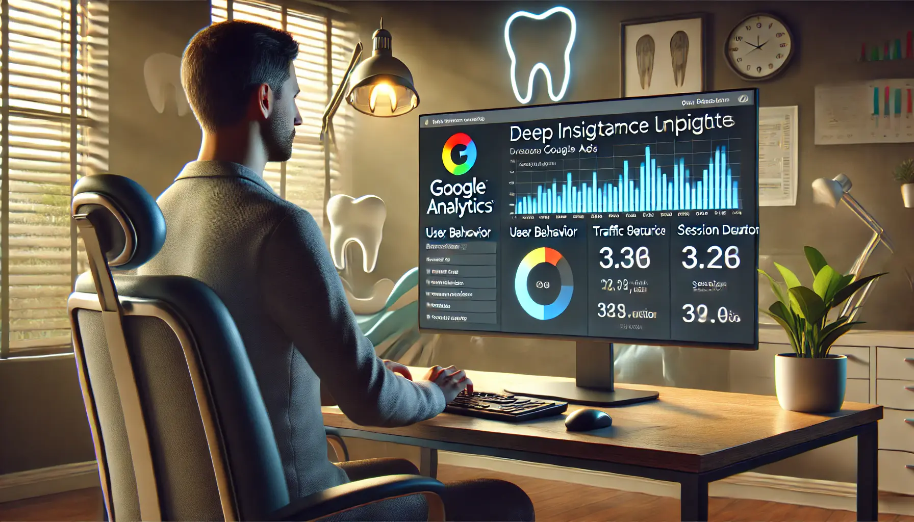 A dentist analyzing Google Analytics data on a computer screen in a modern dental office.