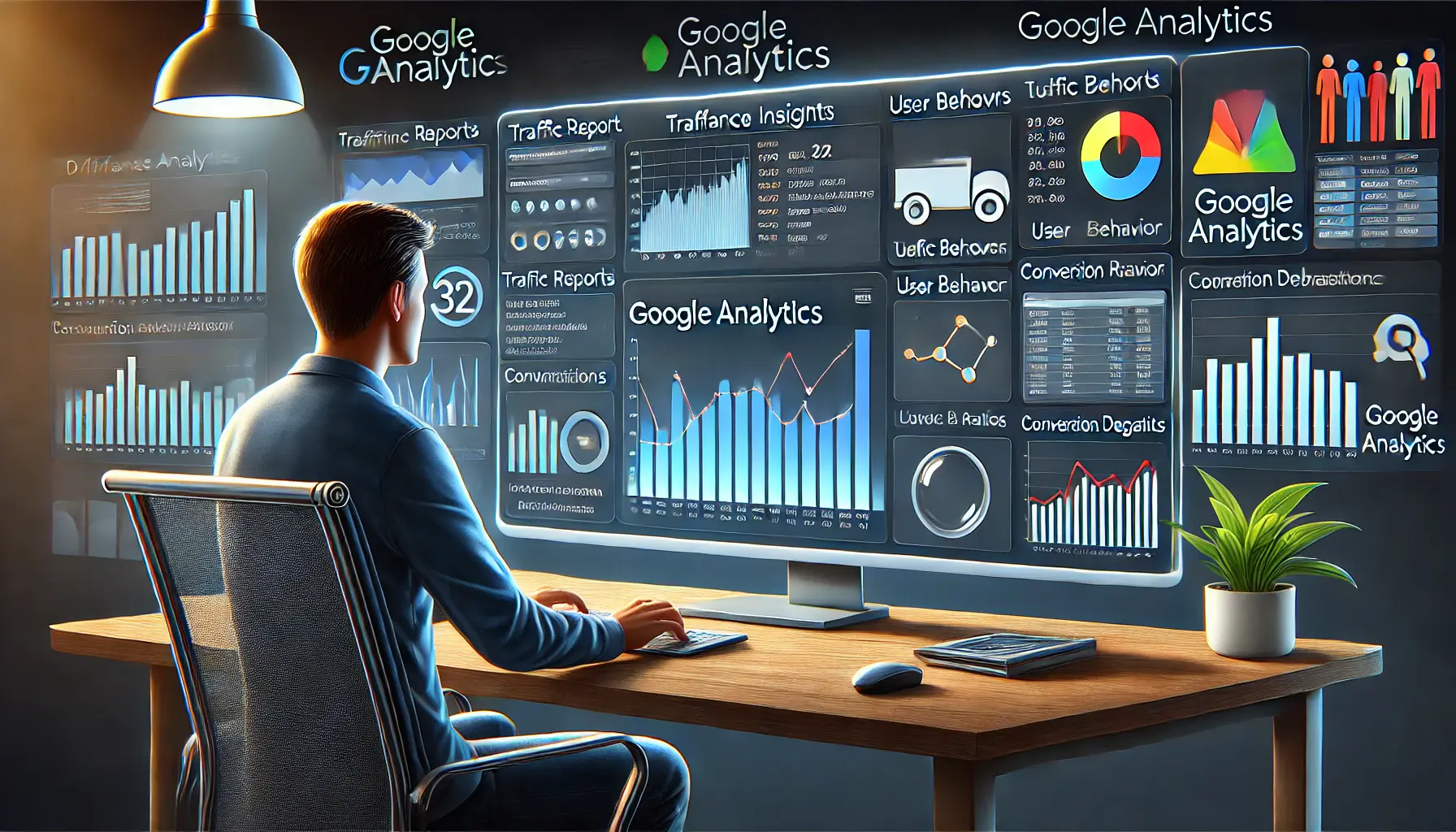 An illustration of a digital marketer using Google Analytics to analyze campaign performance, viewing metrics like traffic reports, user behavior, and conversion rates on a computer screen.