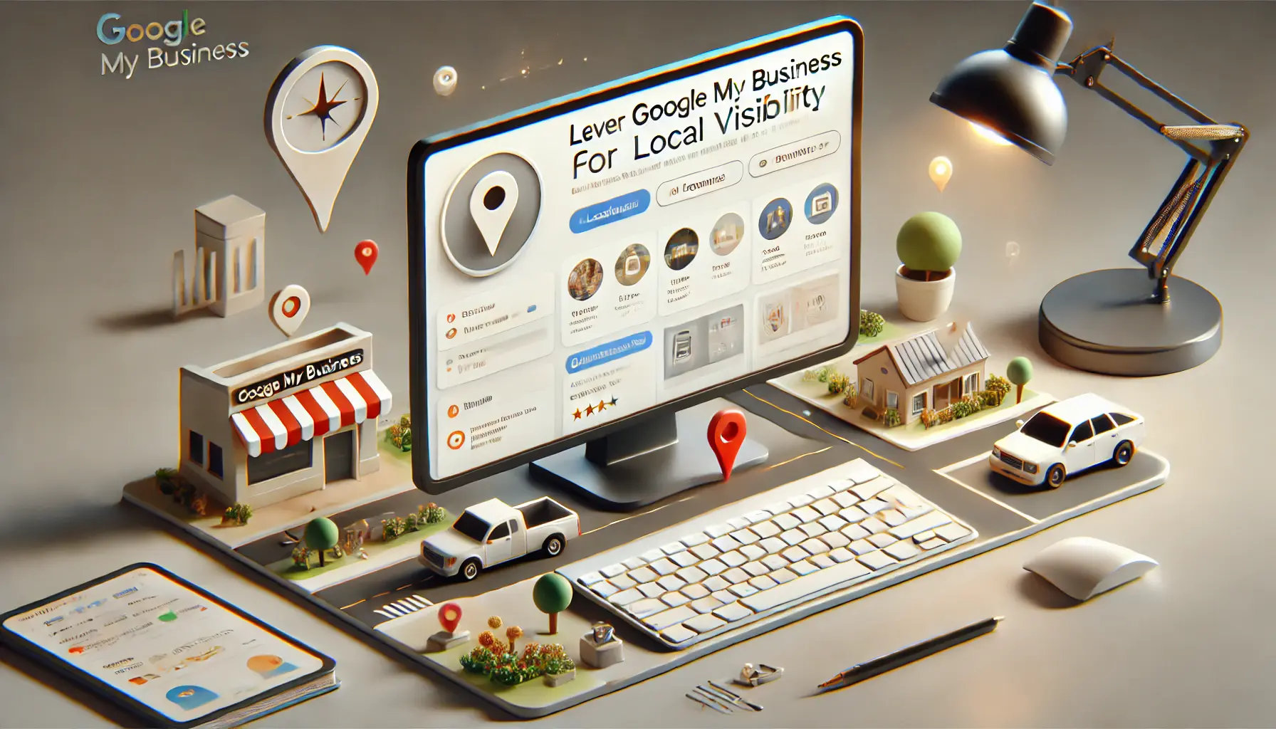 A desktop screen showing a Google My Business profile with business details, reviews, and a map with location pins, symbolizing enhanced local visibility.