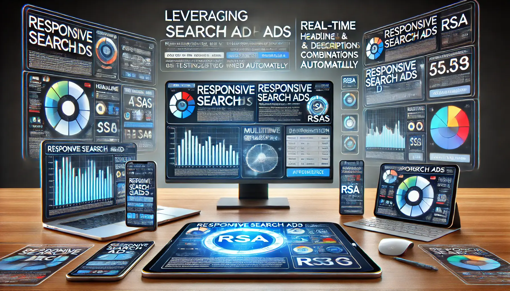 Visualization of leveraging responsive search ads with multiple ad variations being tested automatically on devices.