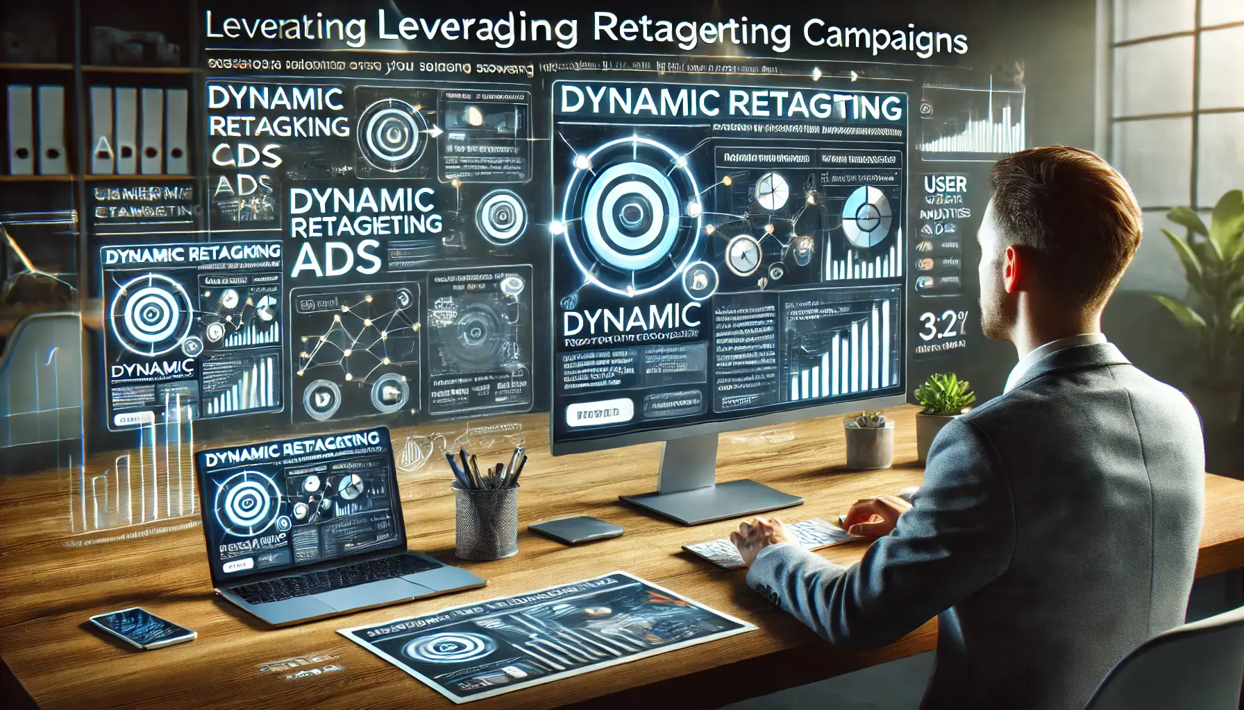 A marketer analyzing dynamic retargeting ads based on previous website visits in a modern workspace.