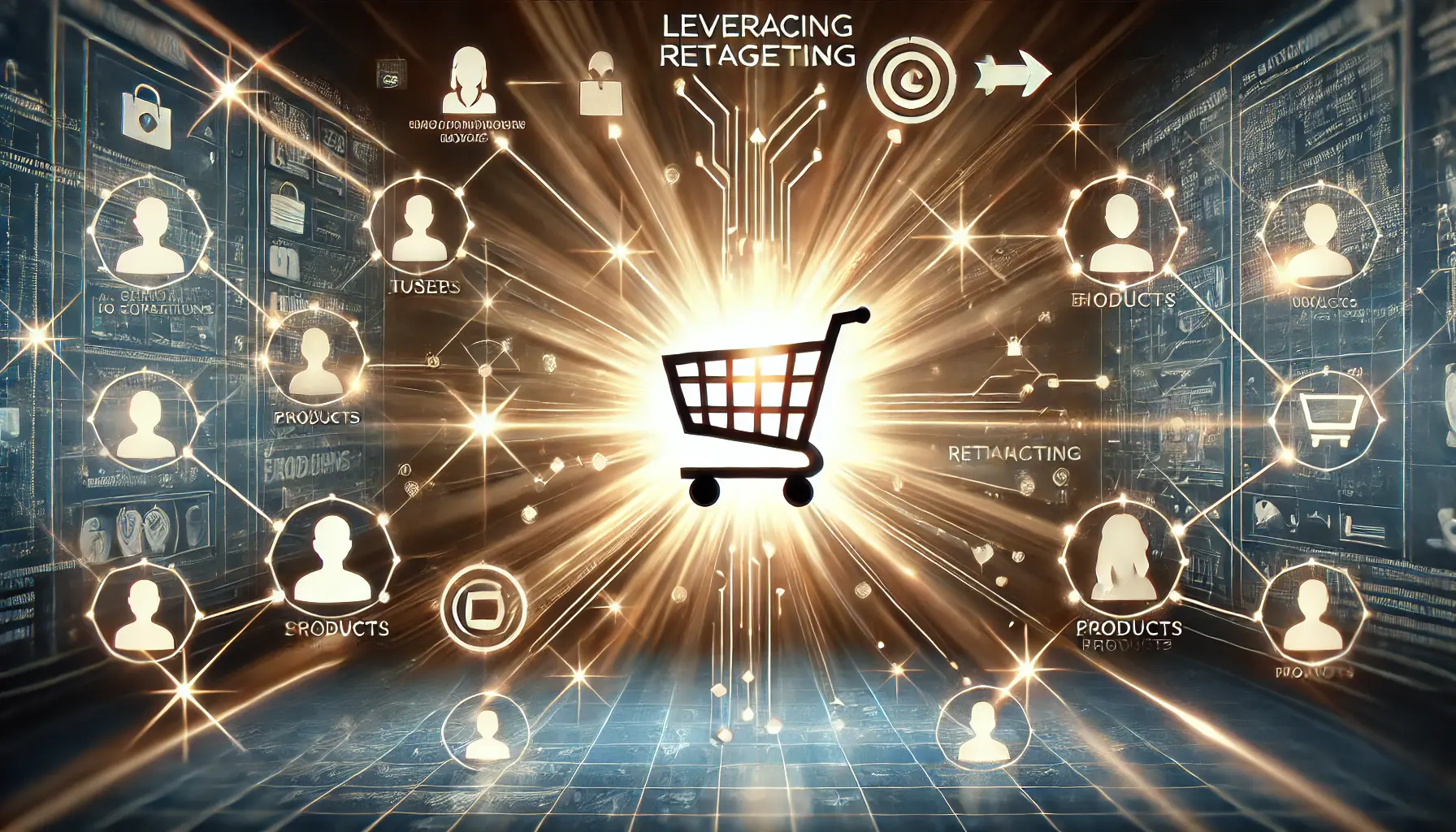 Illustration of retargeting with a glowing shopping cart connected to user profiles and product icons.