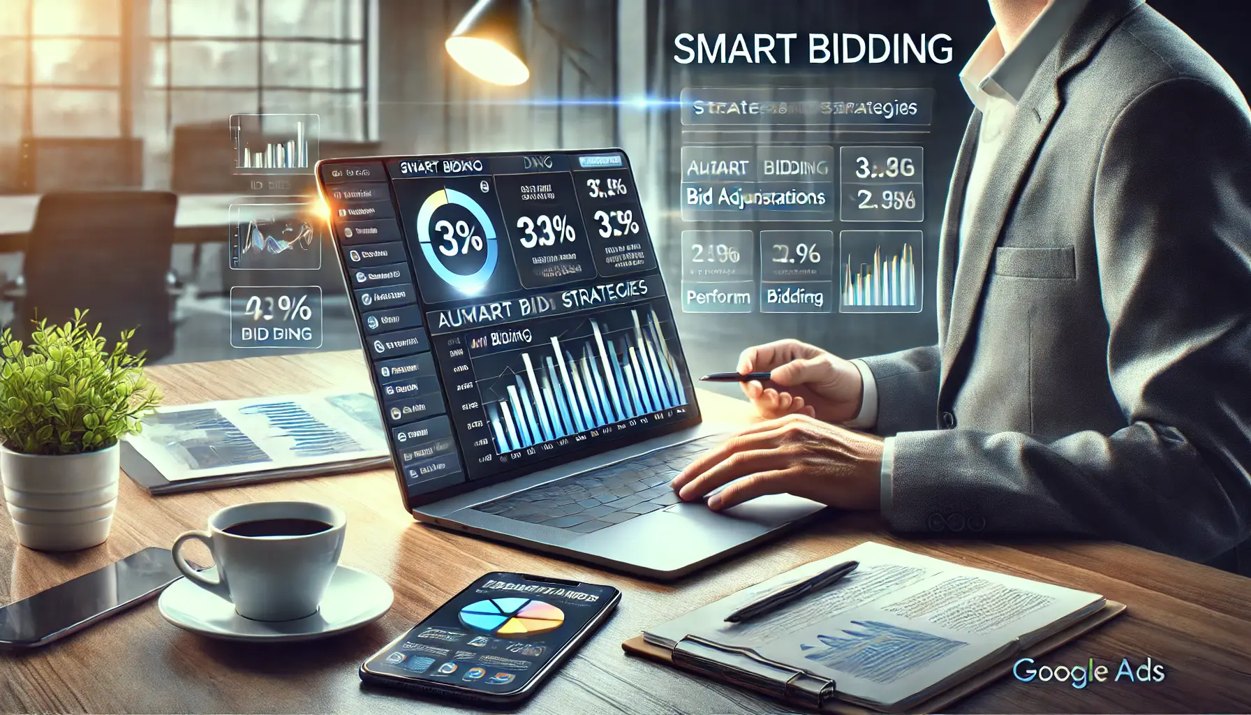 A business professional analyzing a digital dashboard with smart bidding settings and real-time performance metrics on a laptop screen in a modern office.