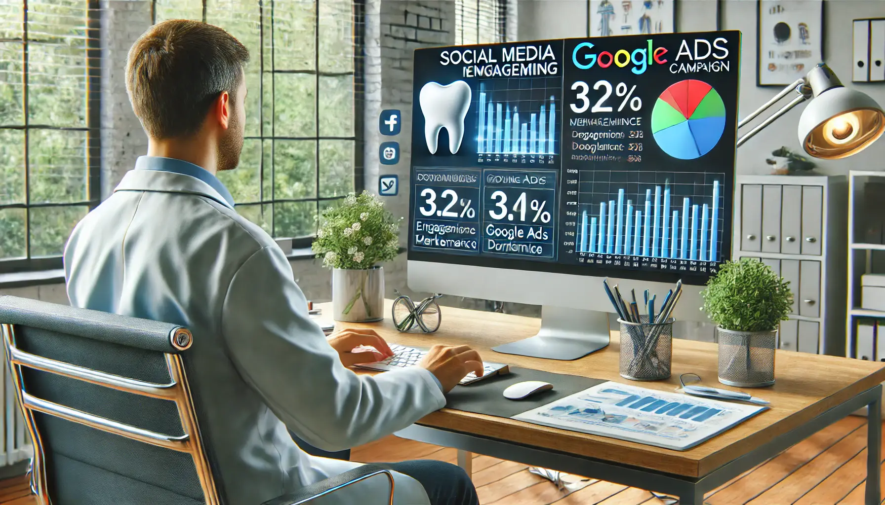 A dentist analyzing both social media marketing metrics and Google Ads performance data on a computer screen.