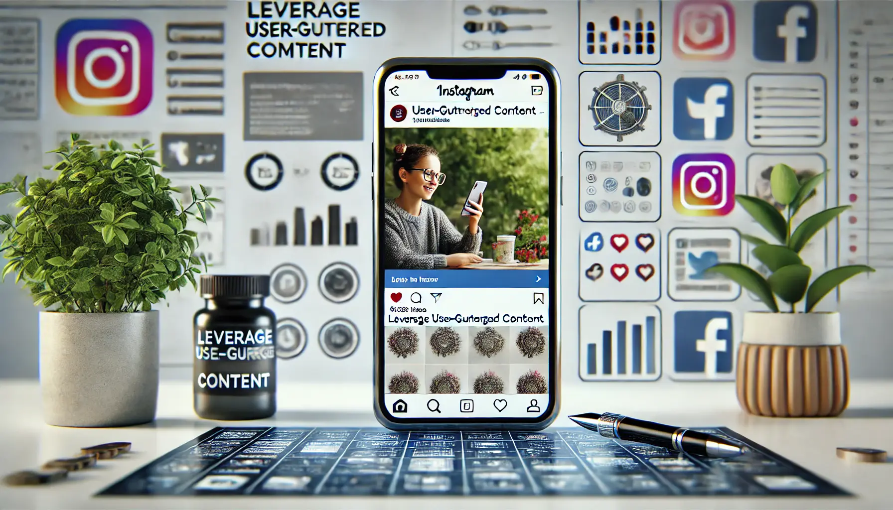 A smartphone displaying an Instagram post showcasing user-generated content, with likes and comments indicating customer engagement.