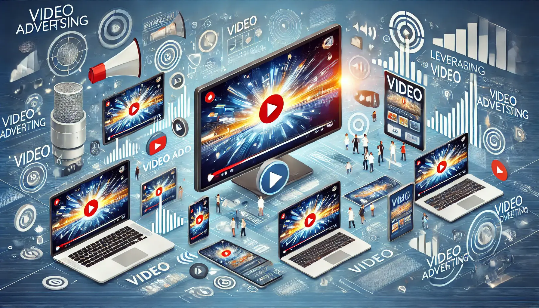 Illustration of leveraging video advertising with engaging video ad displayed on digital devices.