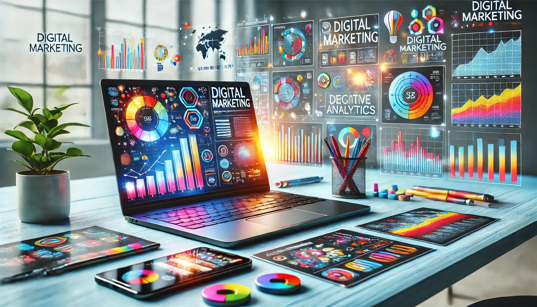 Modern digital marketing workspace featuring colorful charts, data analytics, and creative advertising elements on a sleek desk setup.