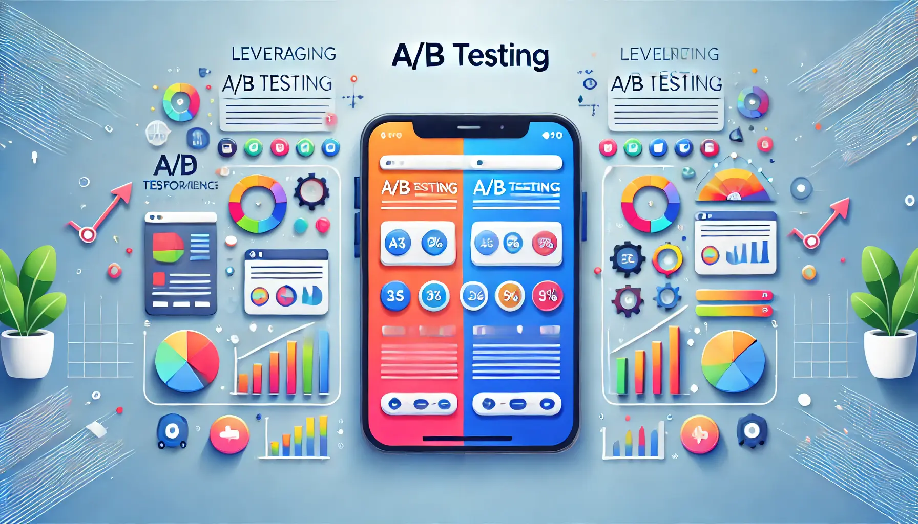 An image illustrating A/B testing with two mobile devices showing different ad variations, surrounded by data charts and optimization icons.