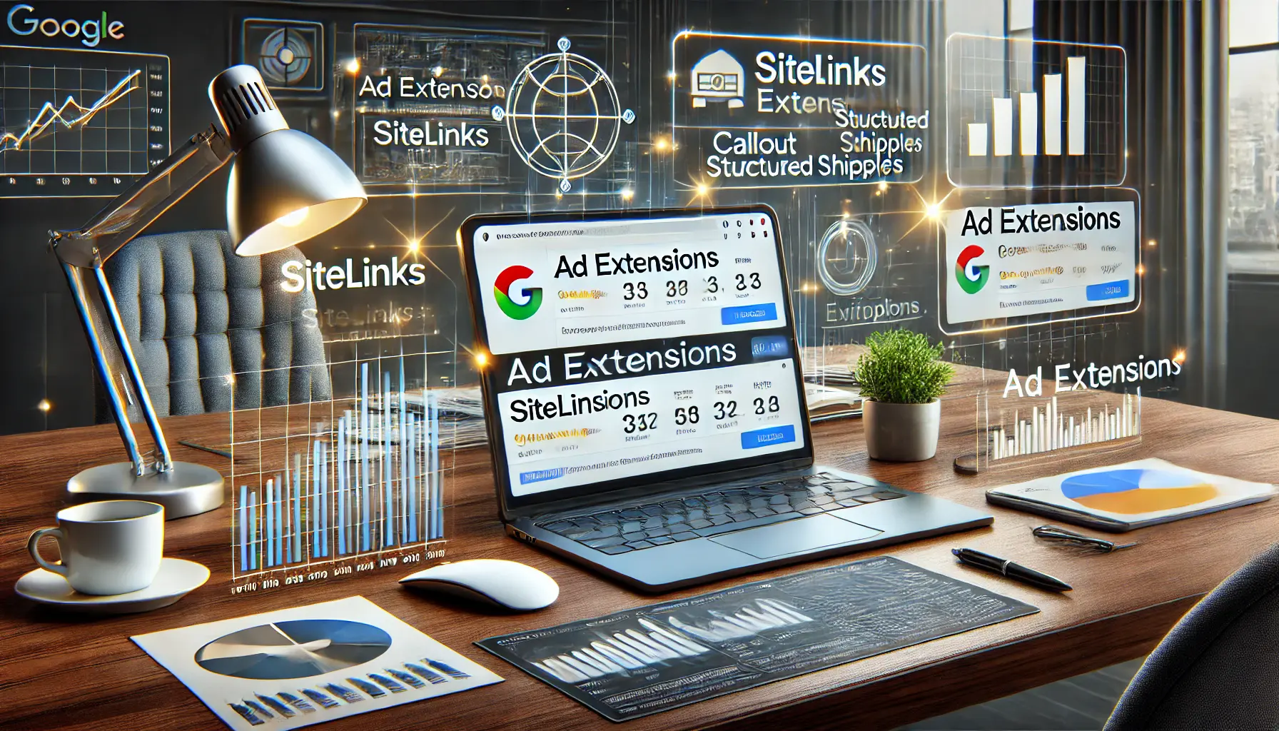 A digital marketing workspace showcasing the use of ad extensions in Google Ads to improve ad visibility and performance.