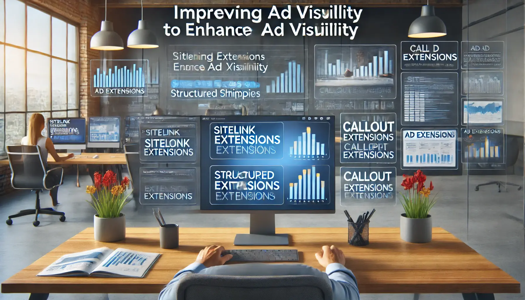 A digital marketing professional optimizing ad extensions such as sitelink, callout, and structured snippet extensions on a computer screen in a modern office setting.