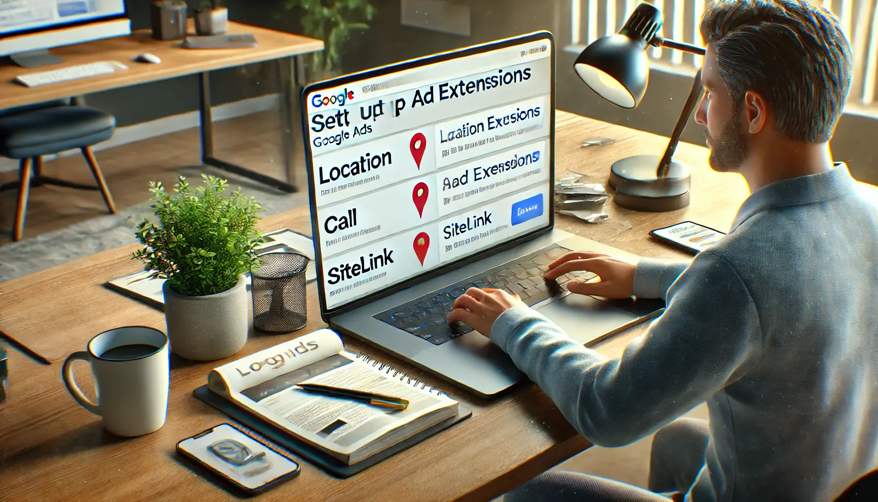 A small business owner setting up ad extensions like location, call, and sitelinks for their Google Ads campaign on a laptop.