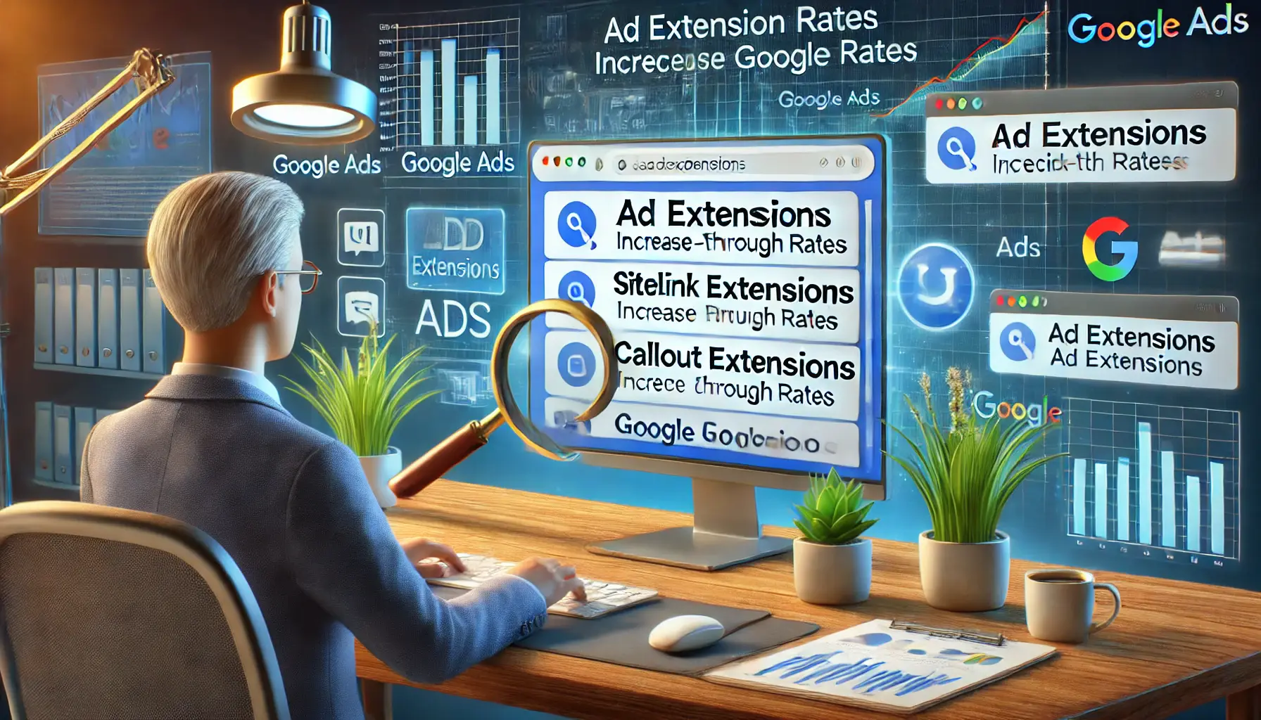 A digital marketer working on a computer displaying Google search ads with sitelink extensions and callout extensions to enhance click-through rates.