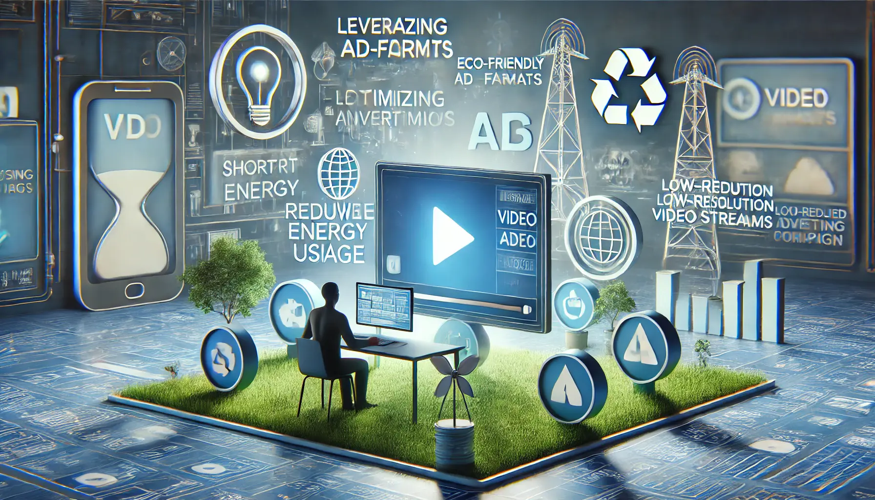 A digital workspace with an individual optimizing a video ad campaign, surrounded by symbols of eco-friendly advertising practices such as low-resolution video streams and renewable energy icons.