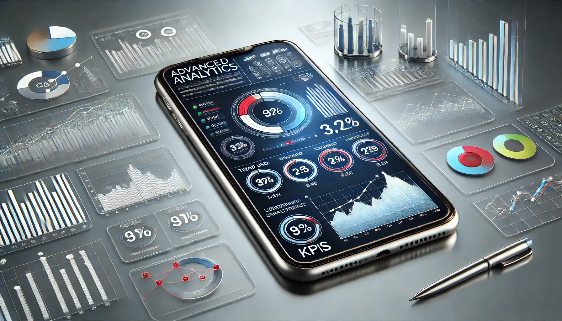 An image showing a smartphone displaying an advanced analytics dashboard with graphs, charts, and KPIs to optimize app advertising campaigns.