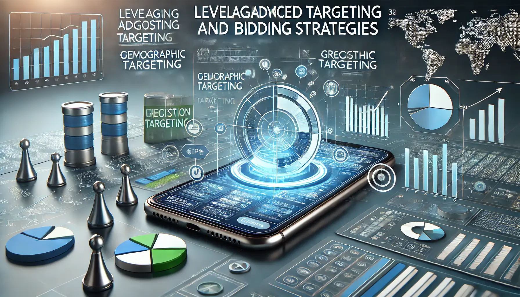 A smartphone displaying a digital marketing interface with advanced targeting options like demographic filters, geographic targeting, and bidding symbols.