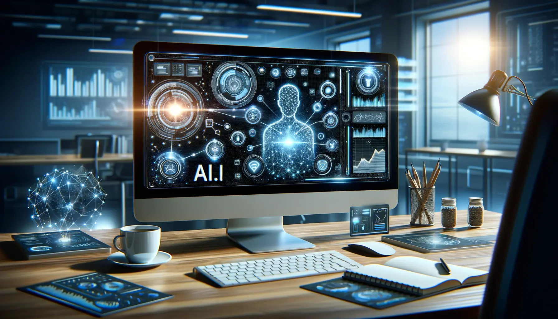 Illustration of a futuristic workspace with AI-powered marketing dashboards and interconnected nodes symbolizing automation.